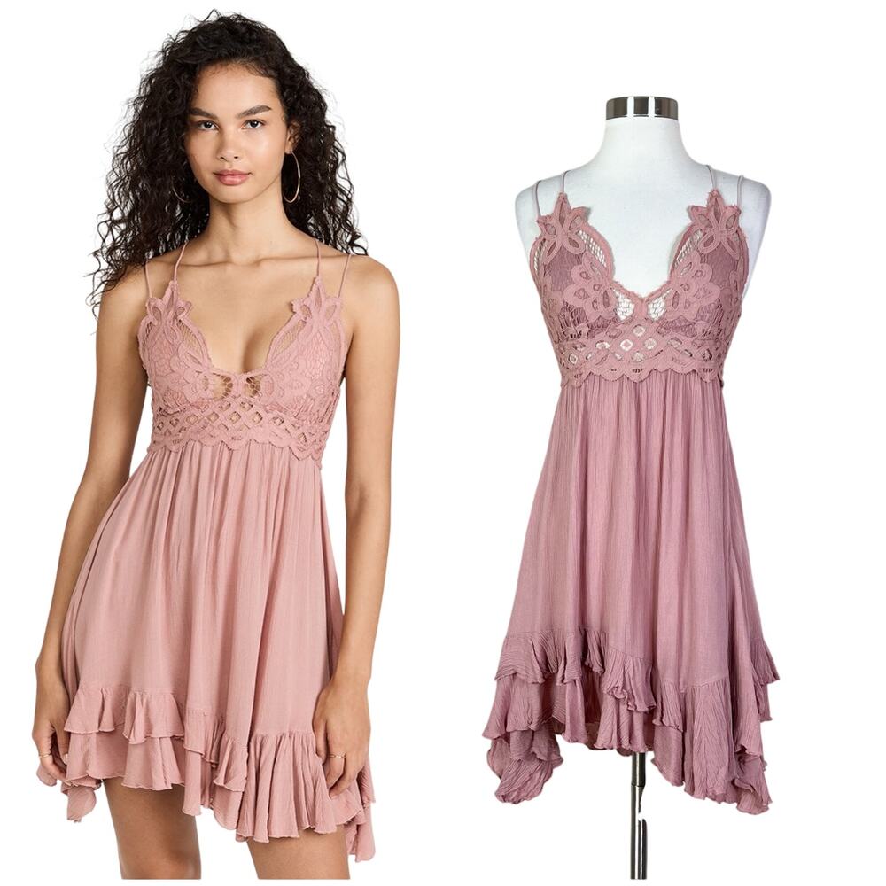 Free People | Adela Pink Lace Slip Ruffle Hem Boho Flowy Mini Dress XS